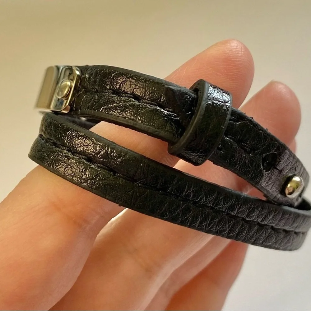 Dior Beauty Black Faux Leather Double Wrap Around Bracelet with Silver